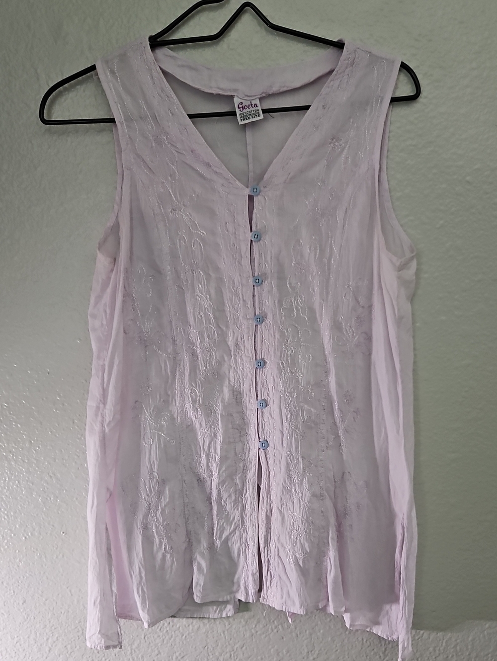 VTG Geeta India Embroidered Cotton V-Neck Tank Top Lavender Boho Free Size